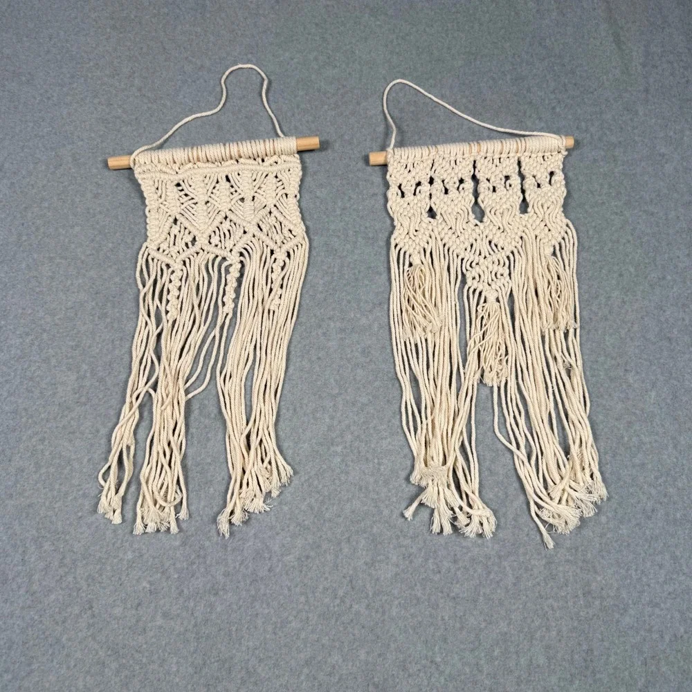 Set of 2 Boho Macrame Wall Hangings Cream Cotton Fringe Tassel Home Decor Boho